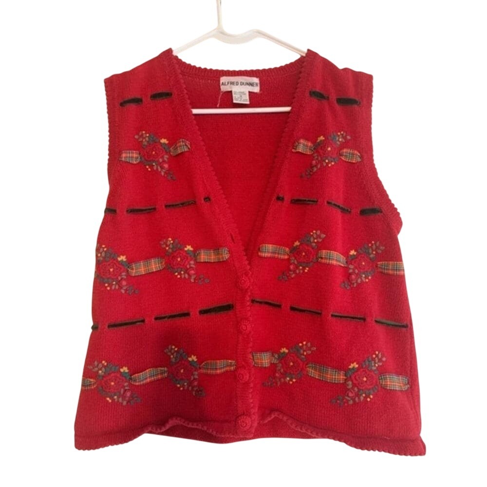 Women's M Ugly Christmas Sweater Vest Red  Floral Ribbon Holly Grandma Core Knit